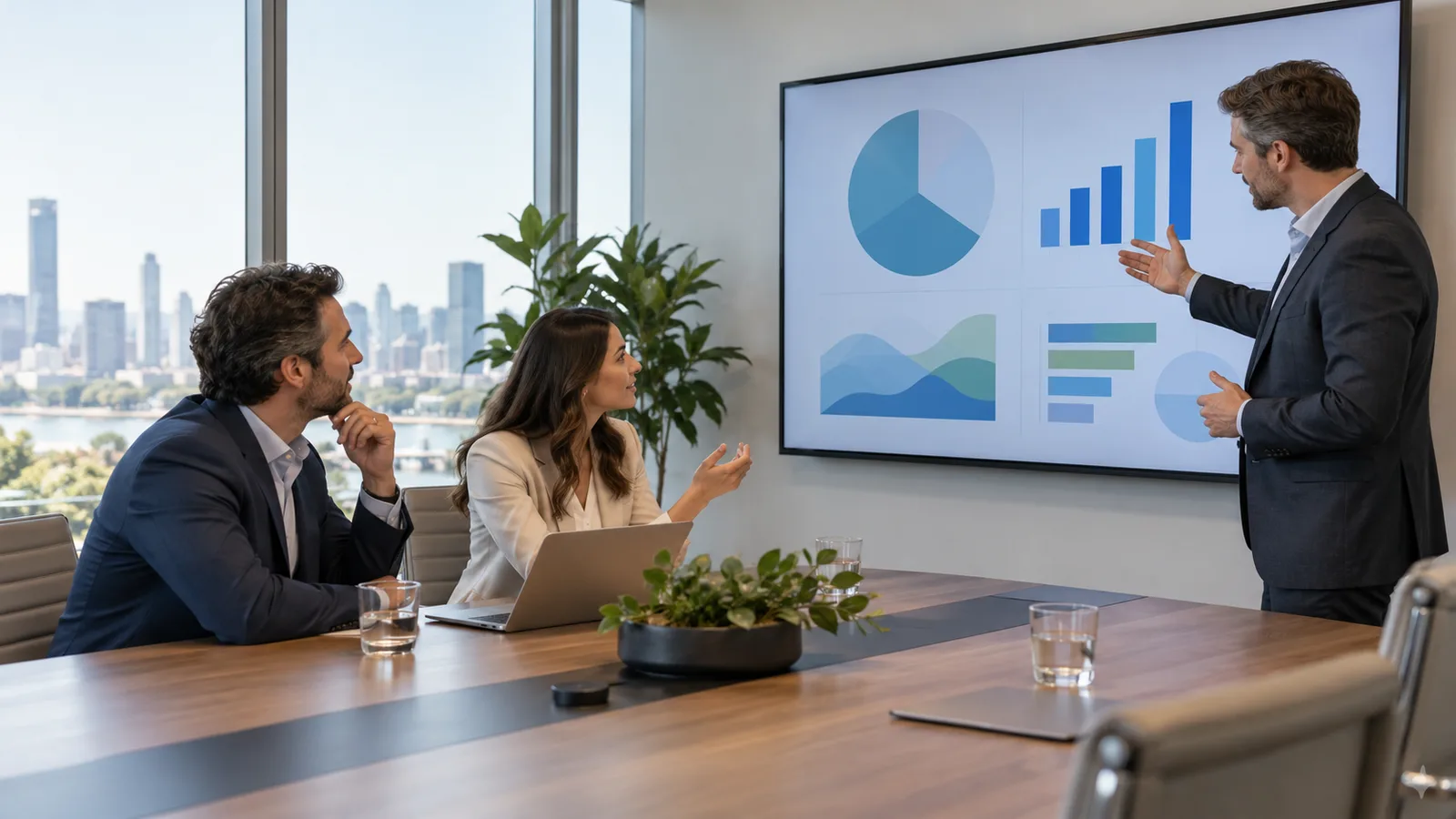 Executive team reviewing a deal term sheet with an advisor in a Charlotte boardroom