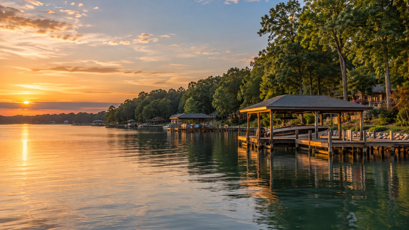 Boats docked at a marina on Lake Norman near Mooresville on a clear afternoon