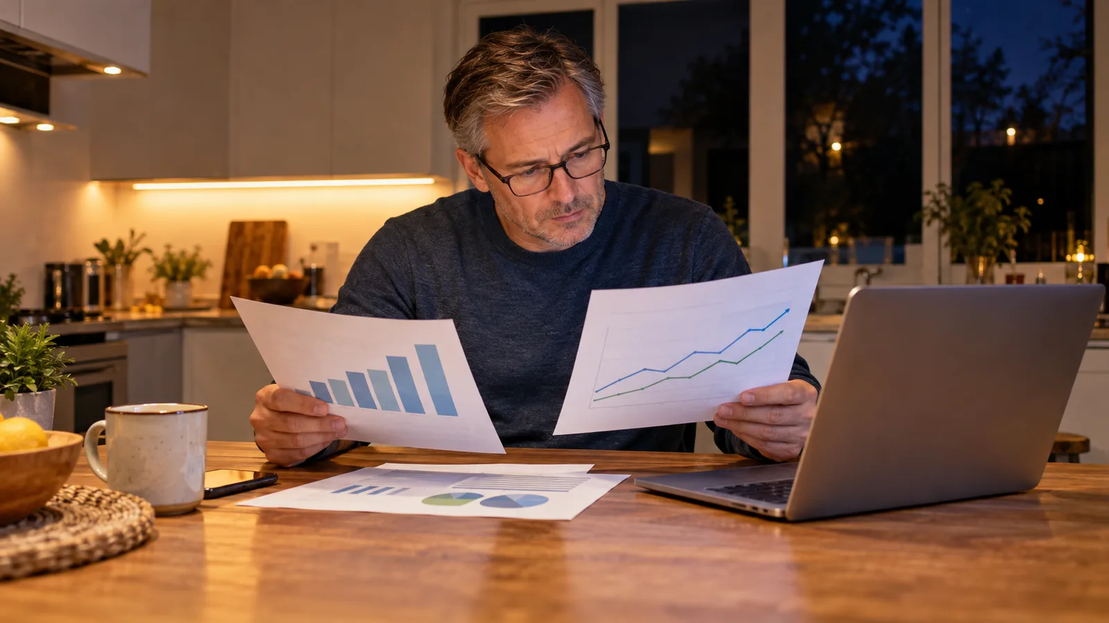 Owner and advisor reviewing a recast profit and loss statement at a desk in a Charlotte office