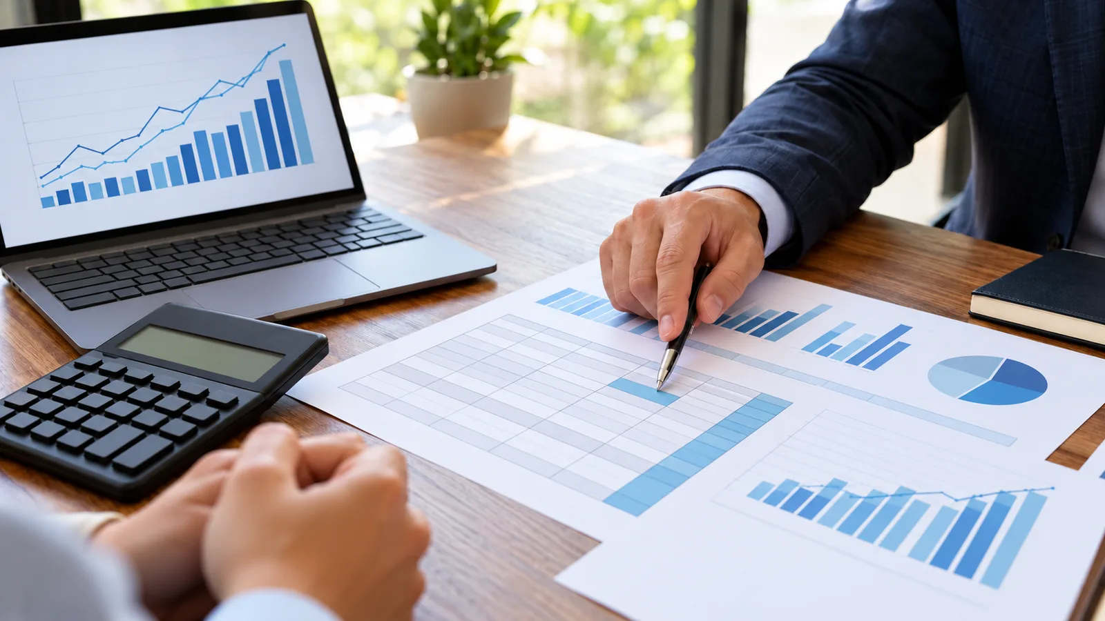 Business owner and broker going over recast financial statements at a desk